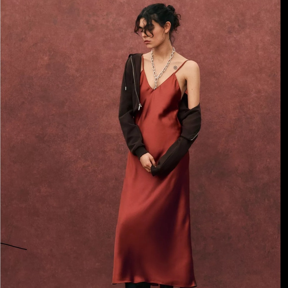 Zara Reddish Satin Effect Midi Dress